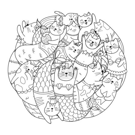 Illustration for Cute mermaid cats circle shape coloring page. Doodle mandala with funny feline animals for coloring book. Outline background. Vector illustration - Royalty Free Image