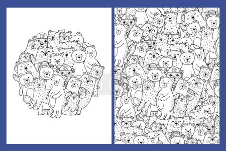 Illustration for Coloring pages set with cute bears. Doodle forest animals templates for coloring book. Collection with black and white colouring pages for adults and kids. Vector illustration - Royalty Free Image