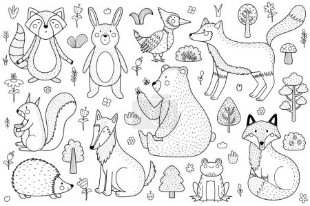 Illustration for Cute forest animals black and white collection. Woodland characters set in outline for kids and baby design. Great for coloring book, prints. Vector illustration - Royalty Free Image