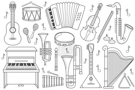 Ilustración de Instrumentos musicales en blanco y negro. Colección con elementos de música doodle en esquema. Ideal para colorear página. Ilustración vectorial - Imagen libre de derechos
