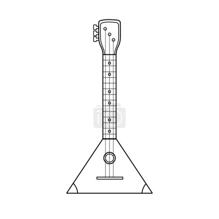 Téléchargez les illustrations : Balalaika instrument de musique en noir et blanc. Élément de musique triangulaire avec trois cordes en contour. Illustration vectorielle - en licence libre de droit