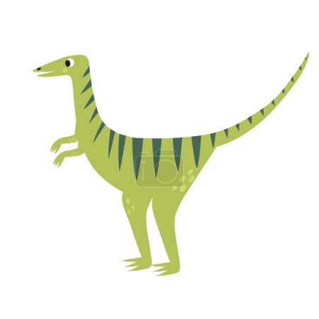 Téléchargez les illustrations : Mignon compsognathus en élément isolé de style dessin animé. Dinosaure drôle de période jurassique pour la conception des enfants. Clipart préhistorique dino vert. Illustration vectorielle - en licence libre de droit