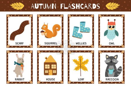 Illustration for Autumn flashcards collection for kids. Flash cards set with cute characters for school and preschool. Learning to read activity for children. Vector illustration - Royalty Free Image