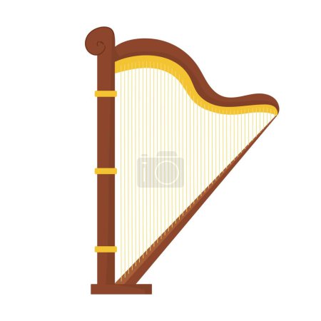 Harp musical instrument isolated on white background. Classical music element with strings in cartoon style. Vector illustration