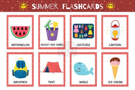 Illustration for Summer flashcards collection for kids. Flash cards set with cute characters for school and preschool. Learning to read activity for children. Vector illustration - Royalty Free Image