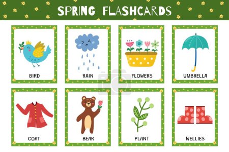 Illustration for Spring flashcards collection for kids. Flash cards set with cute characters for school and preschool. Learning to read activity for children. Vector illustration - Royalty Free Image