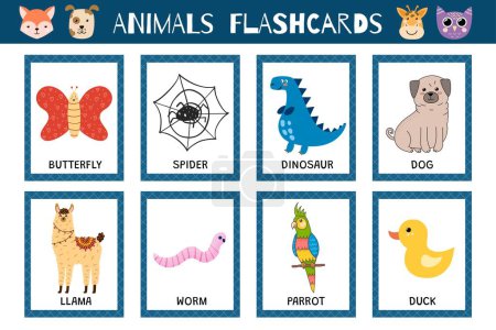 Animals flashcards collection for kids. Flash cards set with cute characters for practicing reading skills. Dog, llama, worm and more. Vector illustration