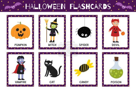 Halloween Karteikartensammlung für Kinder. Flash-Karten-Set mit niedlichen gruseligen Charakteren für Schule und Vorschule. Leseförderung für Kinder. Vektorillustration