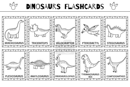 Schwarze und weiße Dinosaurier Karteikarten für Kinder. Flash-Karten mit niedlichen Dino-Zeichen zum Ausmalen. Brachiosaurus, Triceratops, Tyrannosaurus rex und mehr. Vektorillustration
