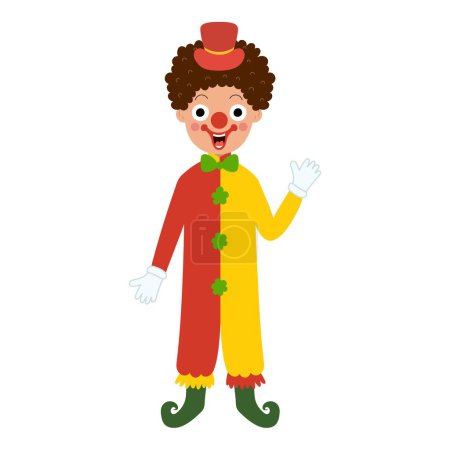 Téléchargez les illustrations : Mignon clown agitant sa main dans le style de dessin animé. Drôle de personnage de cirque avec chapeau et costume isolé sur fond blanc. Professions d'apprentissage clipart pour les enfants. Illustration vectorielle - en licence libre de droit