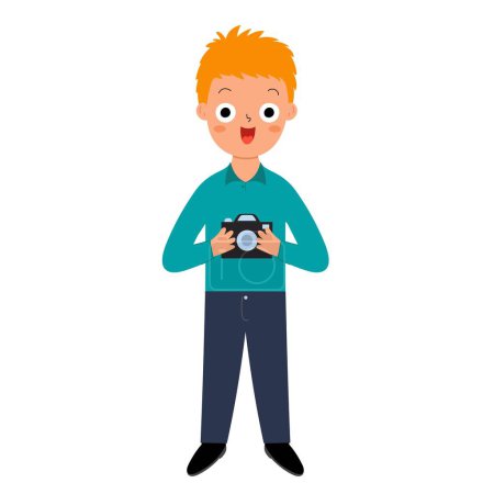 Illustration for Cute photographer boy in cartoon style. Young kid standing and holding a photo camera. Learning professions clipart for school and preschool. Vector illustration - Royalty Free Image