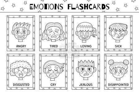 Emotions Karteikarten Schwarz-Weiß-Sammlung. Flash-Karten mit niedlichen Kinderfiguren zum Ausmalen in Umrissen. Lernen Sie Gefühle Vokabular für Schule und Vorschule. Vektorillustration