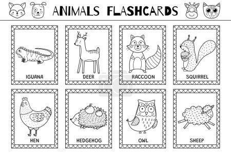Animals Karteikarten Schwarz-Weiß-Kollektion für Kinder. Flash-Karten mit niedlichen Charakteren zum Ausmalen in Umrissen. Leguan, Igel, Henne und mehr. Vektorillustration