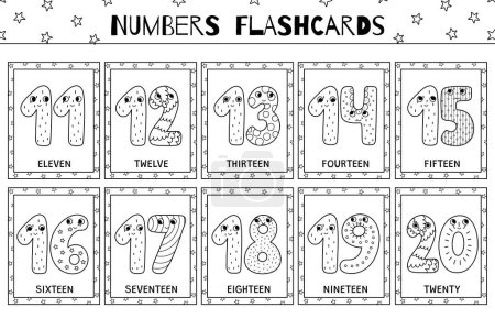 Cute numbers 11-20 flashcards black and white collection. Flash cards for coloring in outline. Learning numbers for preschool. Vector illustration