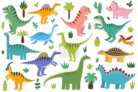 Lindos dinosaurios en la colección de estilo de dibujos animados para niños. Set con divertidos dinos aislados sobre fondo blanco. Diplodocus, tyrannosaurus rex, velociraptor y otros. Ilustración vectorial