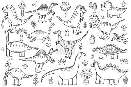 Illustration for Cute dinosaurs black and white collection for kids. Set with funny dinos in outline. Diplodocus, tyrannosaurus rex, velociraptor and other. Vector illustration - Royalty Free Image