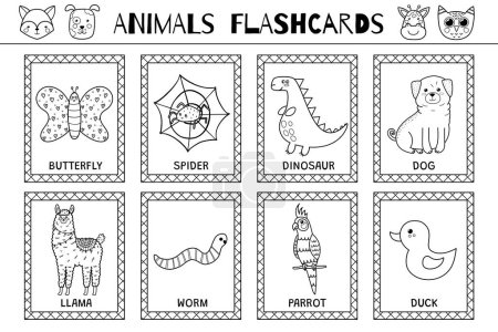 Animals flashcards black and white collection for kids. Flash cards set with cute characters for coloring in outline. Dog, llama, worm and more. Vector illustration