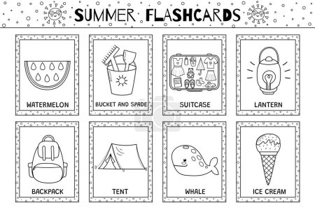 Sommer Karteikarten Schwarz-Weiß-Kollektion für Kinder. Flash-Karten mit niedlichen Charakteren zum Ausmalen in Umrissen. Leseförderung für Kinder. Vektorillustration