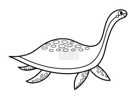 Lindo plesiosaurio blanco y negro en un elemento aislado de estilo de dibujos animados. Divertido dinosaurio de época jurásica para el diseño de niños. Clipart de dino de agua prehistórico en el contorno para colorear. Ilustración vectorial 