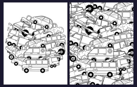 Vehicles coloring pages set. Black and white transportation prints for coloring book in US Letter format. Ambulance, bus, taxi and others. Vector illustration