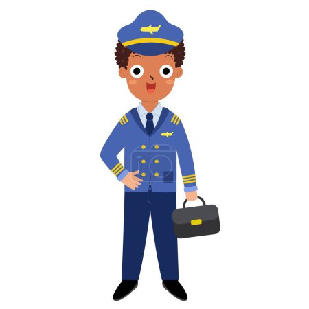 Netter Junge Pilot im Cartoon-Stil. Lustiges Kind in Flugzeugkapitänsuniform isoliert auf weißem Hintergrund. Lernberufe für Schule und Vorschule. Vektorillustration