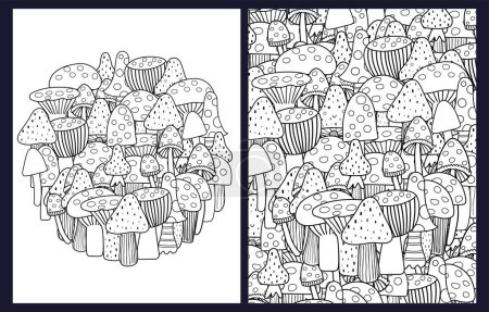 Doodle mushrooms coloring pages set. Fantasy forest background for coloring book  in US Letter format.  Black and white prints collection with whimsical fairy mushrooms. Vector illustration