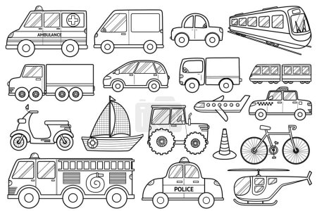 Transport black and white collection in cartoon style. Set with doodle cars for kids and baby design in outline. Vehicles clipart isolated. Vector illustration