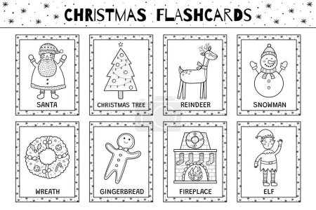 Weihnachten Karteikarten Schwarz-Weiß-Kollektion für Kinder. Flash-Karten mit niedlichen Winterfiguren in Umrissen zum Ausmalen. Leseförderung für Kinder. Vektorillustration