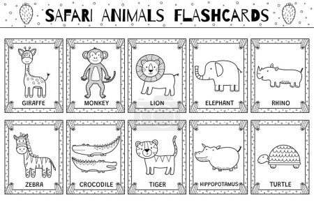Safari Tiere Karteikarten Schwarz-Weiß-Kollektion für Kinder. Flash-Karten mit niedlichen Dschungel-Charakteren in Umrissen zum Ausmalen. Giraffe, Affe, Löwe und mehr. Vektorillustration
