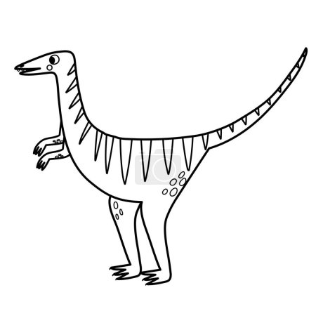 Cute black and white compsognathus in cartoon style isolated element. Funny dinosaur of jurassic period for kids design. Prehistorical dino clipart in outline for coloring. Vector illustration 