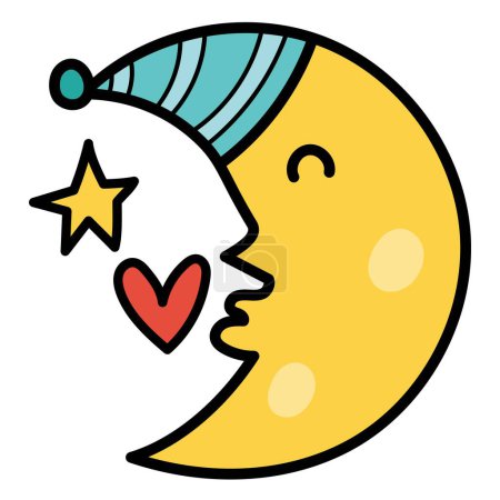 Cute moon character in cartoon style. Sweet dreams icon. Good night kiss concept for chore chart. Vector illustration
