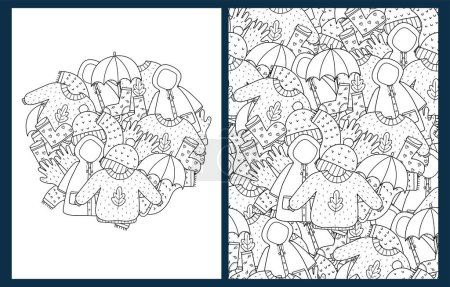 Illustration for Cozy autumn clothes coloring pages set in US Letter format. Doodle warm clothes background for coloring book. Vector illustration - Royalty Free Image