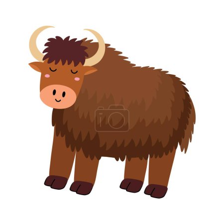 Mignon yak brun dans le style dessin animé. Drôle de personnage de taureau pour la conception de bébé et d'enfants. Animaux sauvages isolés sur fond blanc. Illustration vectorielle