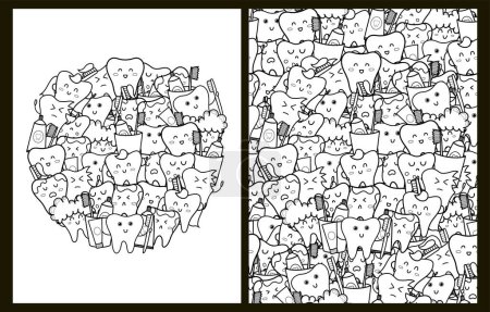 Ilustración de Dientes lindos personajes para colorear páginas establecidas en formato carta de EE.UU.. Impresiones divertidas con diente, pasta de dientes y cepillo de dientes para colorear libro. Ilustración vectorial - Imagen libre de derechos