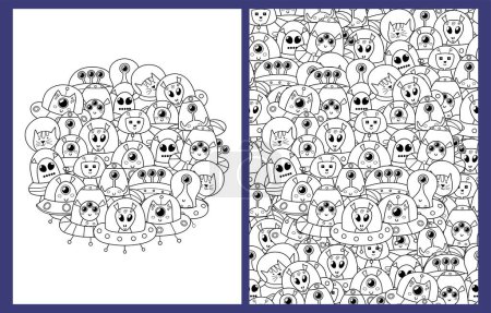 Illustration for Doodle aliens coloring pages set in US Letter format. Black and white funny background with ufo characters. Space templates for coloring book. Vector illustration - Royalty Free Image
