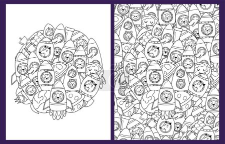 Illustration for Cute animals in rockets coloring pages set in US Letter format. Black and white space background with ufo characters. Space templates for coloring book. Vector illustration - Royalty Free Image