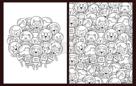 Illustration for Cute astronauts animals coloring pages set in US Letter format. Black and white space background with cosmic characters. Space templates for coloring book. Vector illustration - Royalty Free Image