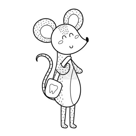 Illustration for Tooth fairy mouse holding a bag. Fairytale cute character in black and white. Vector illustration - Royalty Free Image