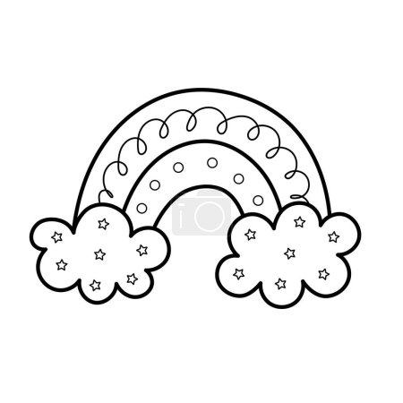 Illustration for Cute hand drawn rainbow coloring page. Black and white rainbow with clouds isolated on white. Create for coloring page or prints. Vector illustration - Royalty Free Image