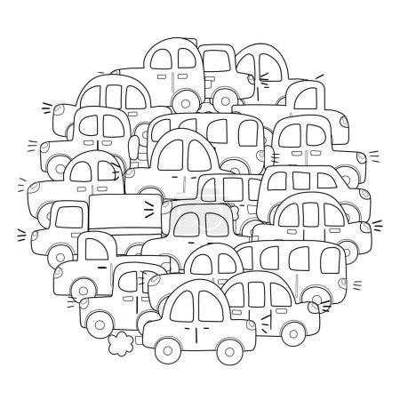 Doodle cars circle shape coloring page. Hand drawn mandala with vehicles background for coloring book. Vector illustration