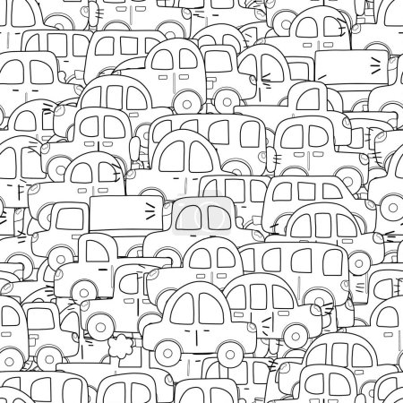 Doodle cars black and white seamless pattern. Hand drawn background with vehicles background for coloring page. Vector illustration