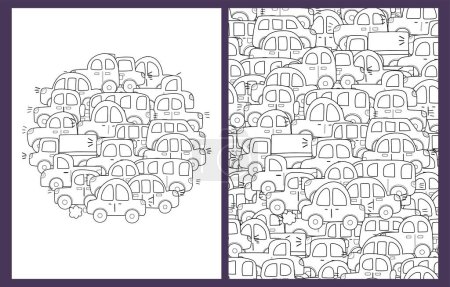 Coloring pages set with doodle cars. Outline vehicles background for coloring book. Collection with funny black and white pages for adults and kids. Vector illustration