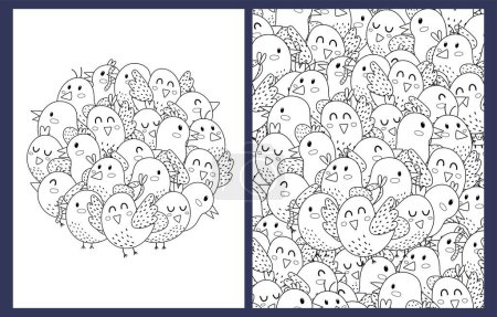 Illustration for Coloring pages set with cute birds. Doodle animals templates for coloring book in US Letter format. Collection with black and white colouring pages. Vector illustration - Royalty Free Image