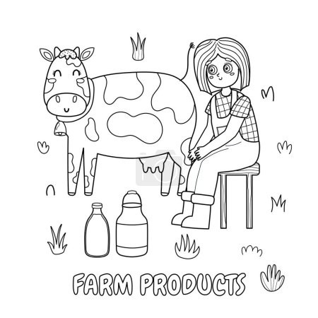 Farm Products black and white print with a cute girl milking a cow. Organic background with a farm characters in cartoon style. Vector illustration