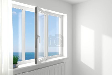 Foto de Ilustración 3d. La ventana de plástico moderno blanco abierto en la habitación
 . - Imagen libre de derechos