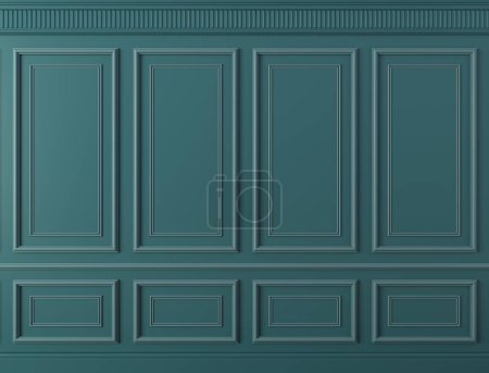 3d illustration. Classic wall of dark mint green wood panels. Joinery in the interior. Background.