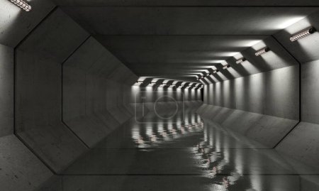 Téléchargez les photos : Illustration 3D. Fond d'écran labyrinthe de béton tunnel concept. Trémie ou tunnel intérieur. Construction industrielle, métro ou laboratoire secret. - en image libre de droit