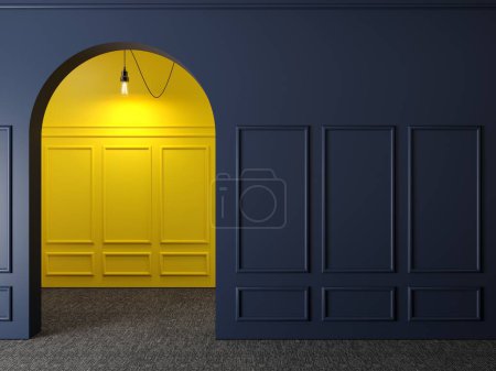 Foto de Ilustración 3d. Pared clásica de paneles de madera oscura y arco amarillo. Carpintería en el interior. Contexto. - Imagen libre de derechos