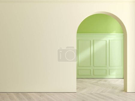 Foto de Ilustración 3d. Muro de asedio clásico de paneles de madera y arco verde. Carpintería en el interior. Contexto. - Imagen libre de derechos