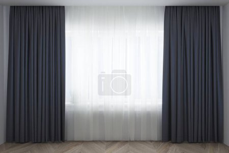 3d illustration. Room with a window and closed curtains. Curtains and blackouts. Portiera